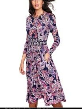 Boden Thea Jersey Knit Long Sleeve Midi Dress blue paisley print Size 6R